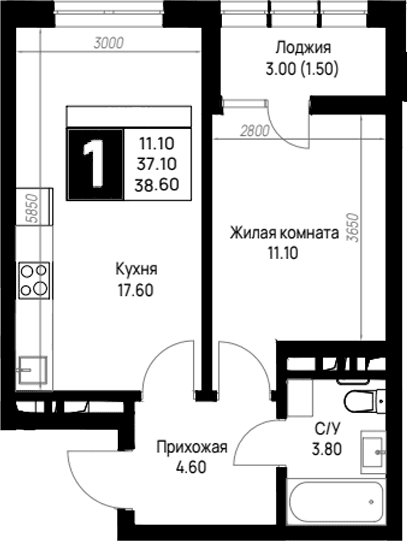 Продается 1-комн. квартира, 37.1 м²