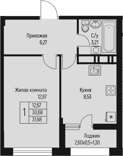 Продается 1-комн. квартира, 30.68 м²