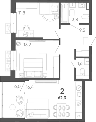 Продается 2-комн. квартира, 56.3 м²