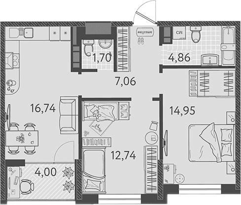 Продается 3-комн. квартира, 58.05 м²