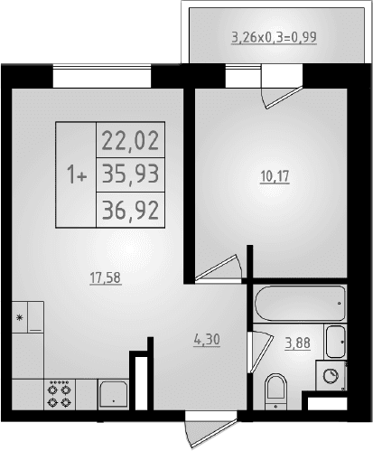 Продается 2-комн. квартира, 35.93 м²