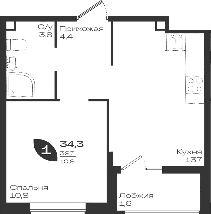 Продается 1-комн. квартира, 32.7 м²