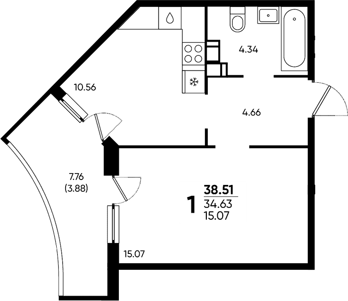 Продается 1-комн. квартира, 34.63 м²