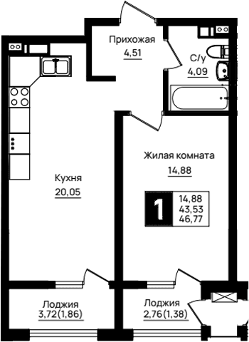Продается 1-комн. квартира, 43.53 м²