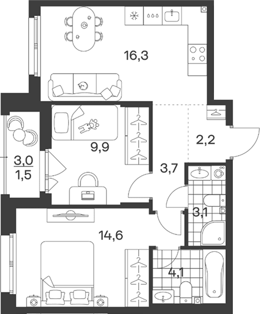 Продается 3-комн. квартира, 53.9 м²