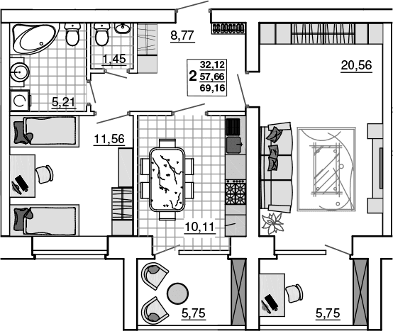 Продается 2-комн. квартира, 57.66 м²