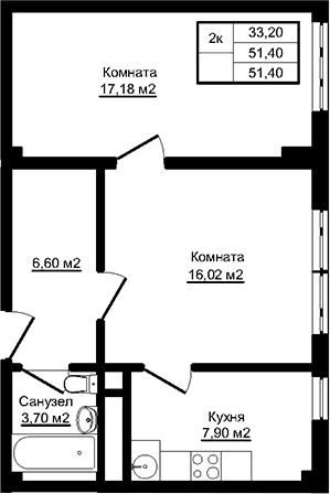 Продается 2-комн. квартира, 51.4 м²