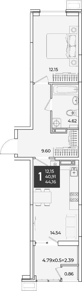 Продается 1-комн. квартира, 40.91 м²