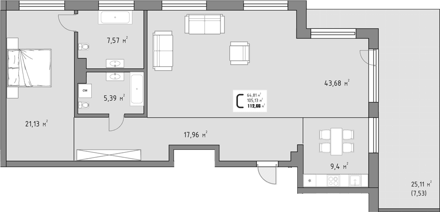 Продается 1-комн. квартира, 105.13 м²