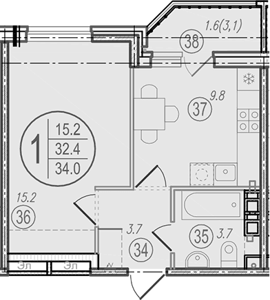Продается 1-комн. квартира, 32.4 м²
