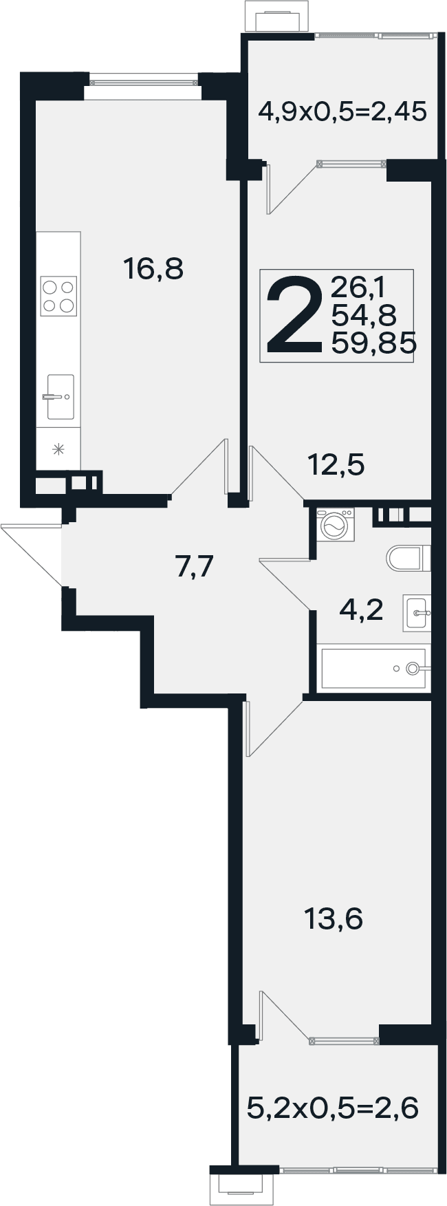 Продается 2-комн. квартира, 54.8 м²