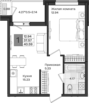 Продается 1-комн. квартира, 37.57 м²