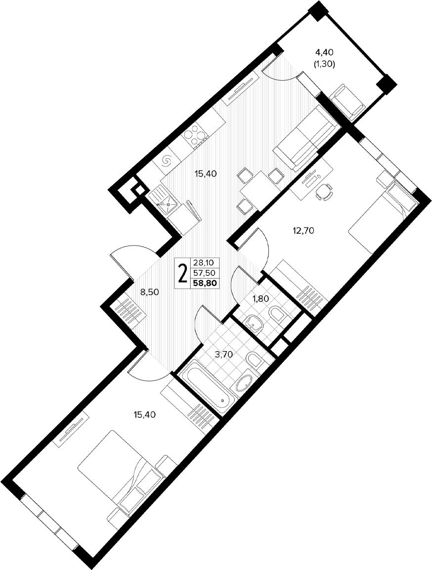 Продается 2-комн. квартира, 57.5 м²