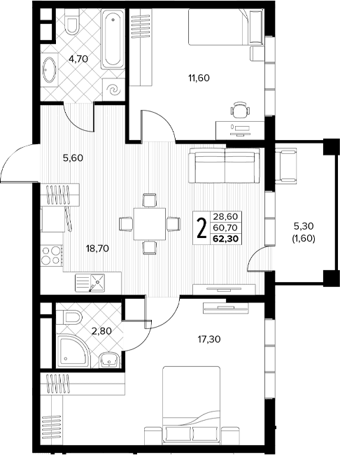 Продается 2-комн. квартира, 60.7 м²