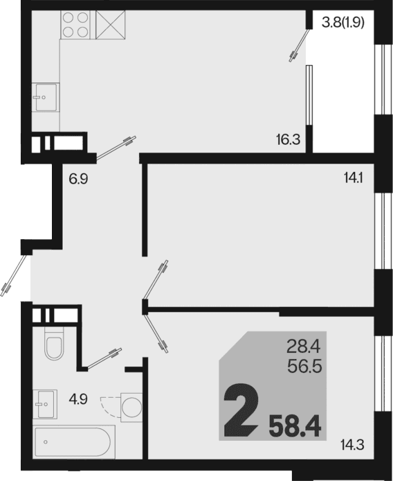 Продается 2-комн. квартира, 56.5 м²