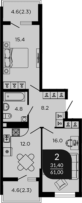 Продается 2-комн. квартира, 58.1 м²