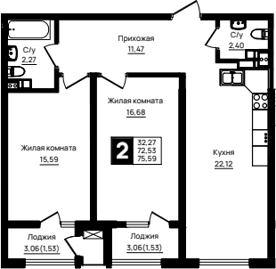 Продается 2-комн. квартира, 72.53 м²