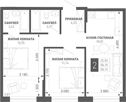 Продается 2-комн. квартира, 60.9 м²