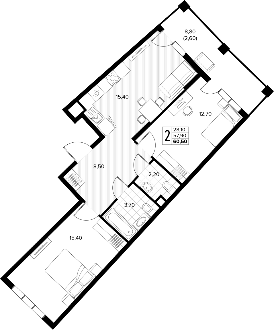 Продается 2-комн. квартира, 57.9 м²