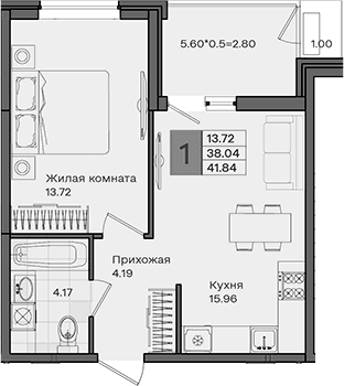 Продается 1-комн. квартира, 38.04 м²