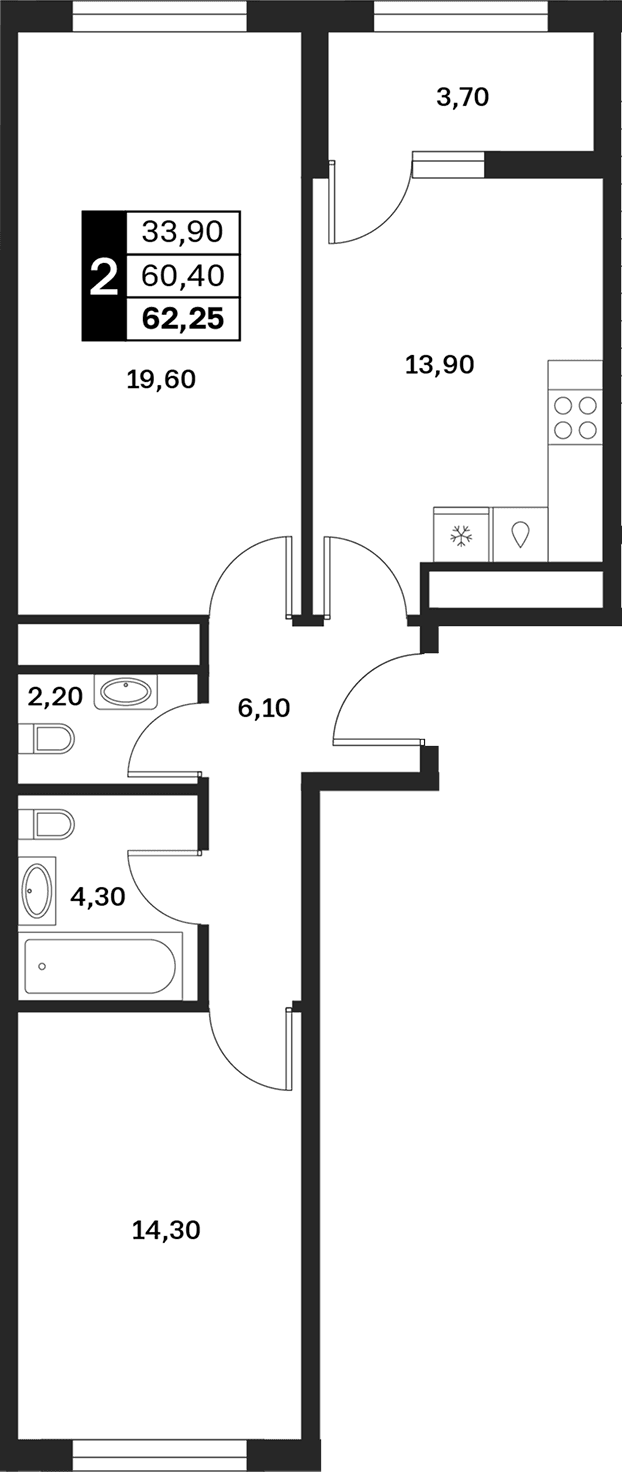 Продается 2-комн. квартира, 60.4 м²