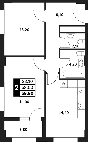 Продается 2-комн. квартира, 58 м²