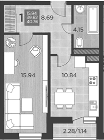 Продается 1-комн. квартира, 39.62 м²