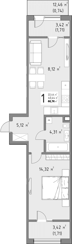 Продается 1-комн. квартира, 40.58 м²