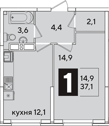 Продается 1-комн. квартира, 37.1 м²