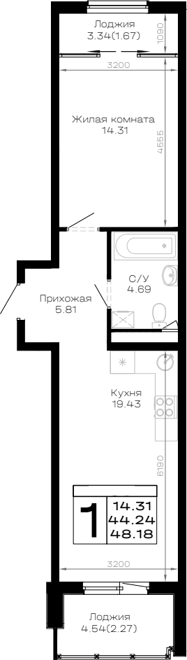 Продается 1-комн. квартира, 44.24 м²