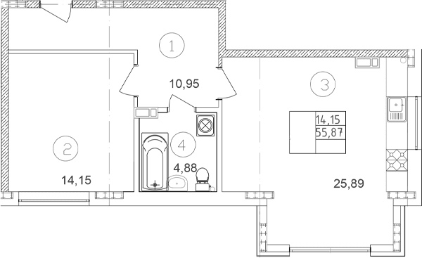 Продается 1-комн. квартира, 55.87 м²