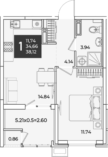 Продается 1-комн. квартира, 34.66 м²