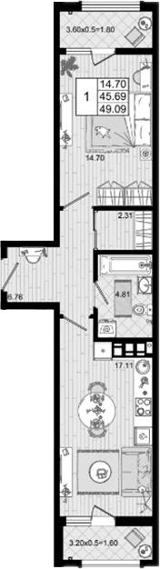 Продается 1-комн. квартира, 45.69 м²