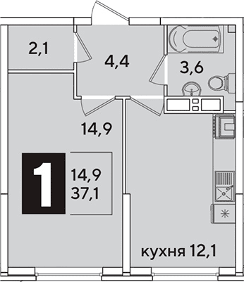 Продается 1-комн. квартира, 37.1 м²