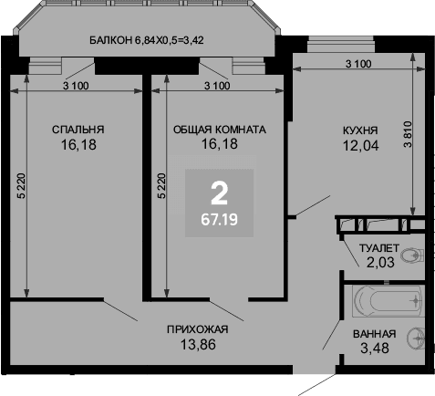 Продается 2-комн. квартира, 63.77 м²