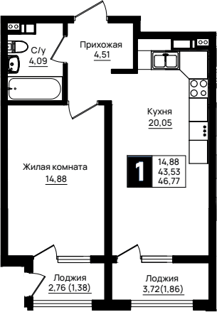 Продается 1-комн. квартира, 43.53 м²