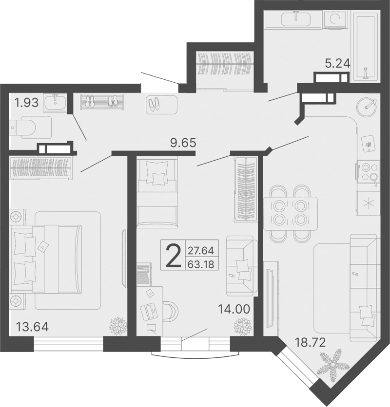 Продается 2-комн. квартира, 63.18 м²