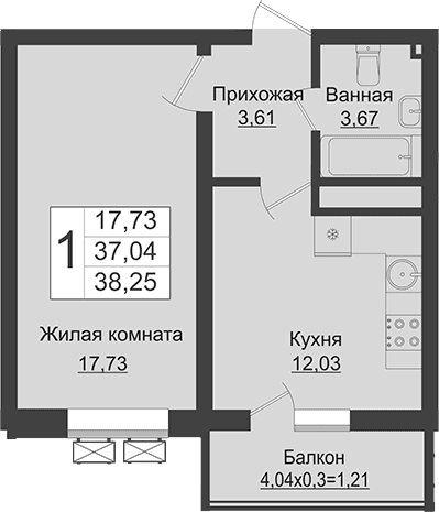 Продается 1-комн. квартира, 37.04 м²