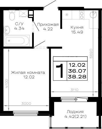 Продается 1-комн. квартира, 36.07 м²