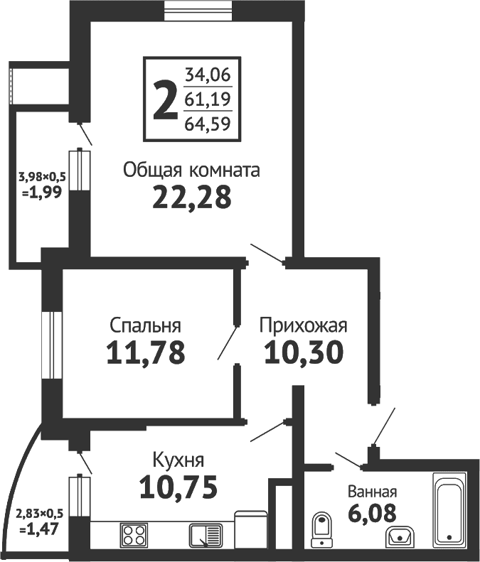 Продается 2-комн. квартира, 62.64 м²
