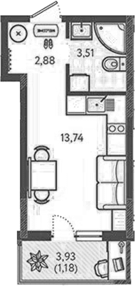 Продается 1-комн. квартира, 19.61 м²
