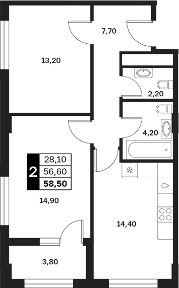 Продается 2-комн. квартира, 56.6 м²