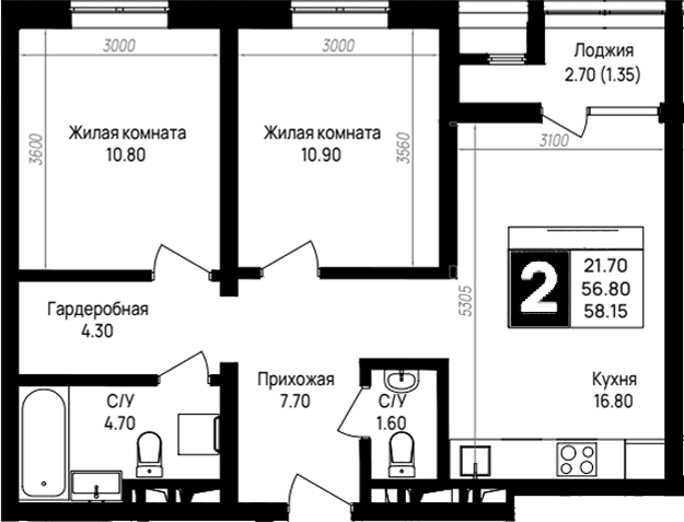 Продается 2-комн. квартира, 56.8 м²