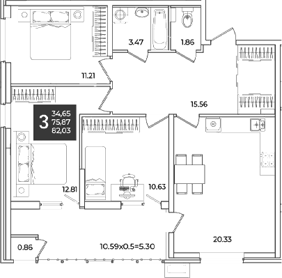Продается 3-комн. квартира, 76.73 м²