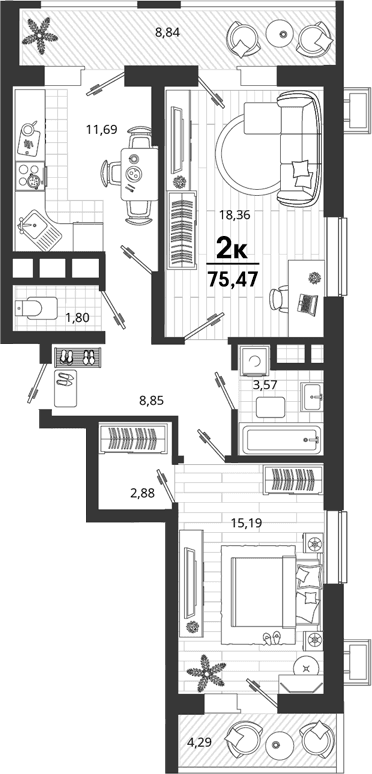 Продается 2-комн. квартира, 62.34 м²