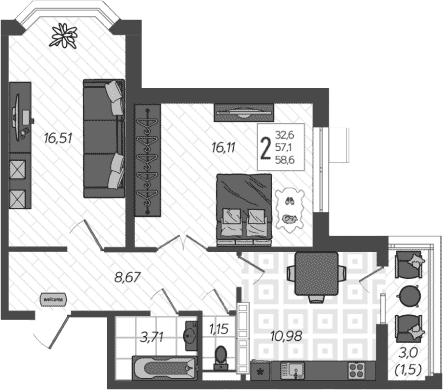 Продается 2-комн. квартира, 57.1 м²