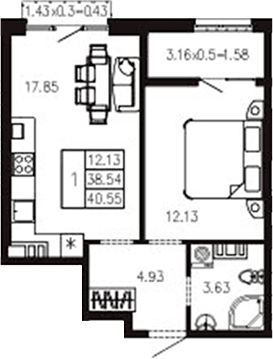 Продается 1-комн. квартира, 38.59 м²