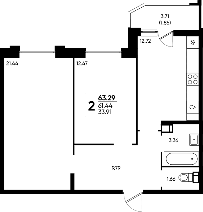 Продается 2-комн. квартира, 61.44 м²