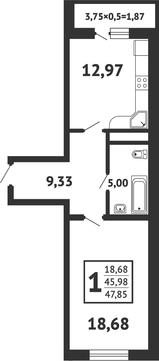 Продается 1-комн. квартира, 45 м²