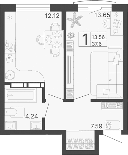 Продается 1-комн. квартира, 37.6 м²